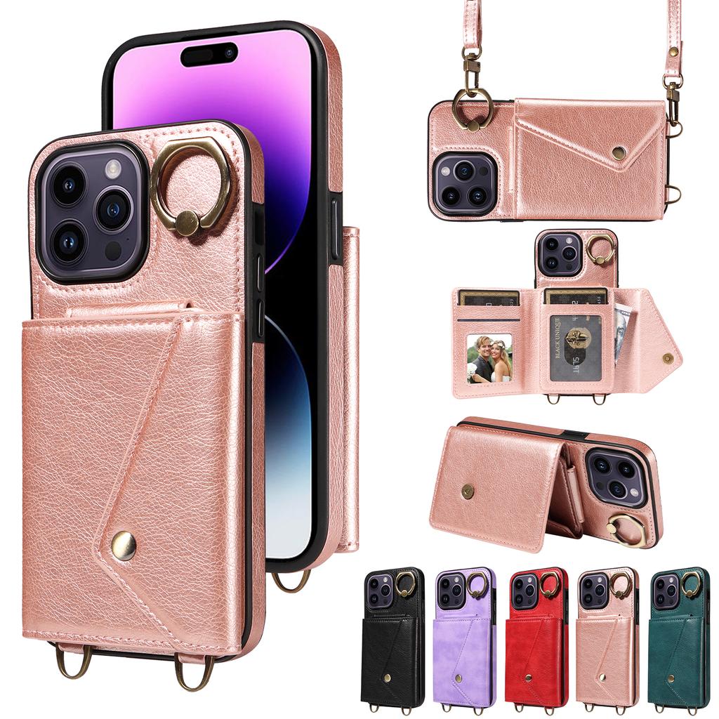 For iPhone 14 Series.for iPhone 14,14 Plus,14 Pro,14 Pro Max Shoulder Strap Rope Ring Bracket Design Card Holder Slots Lichee Pattern Cover Phone Case