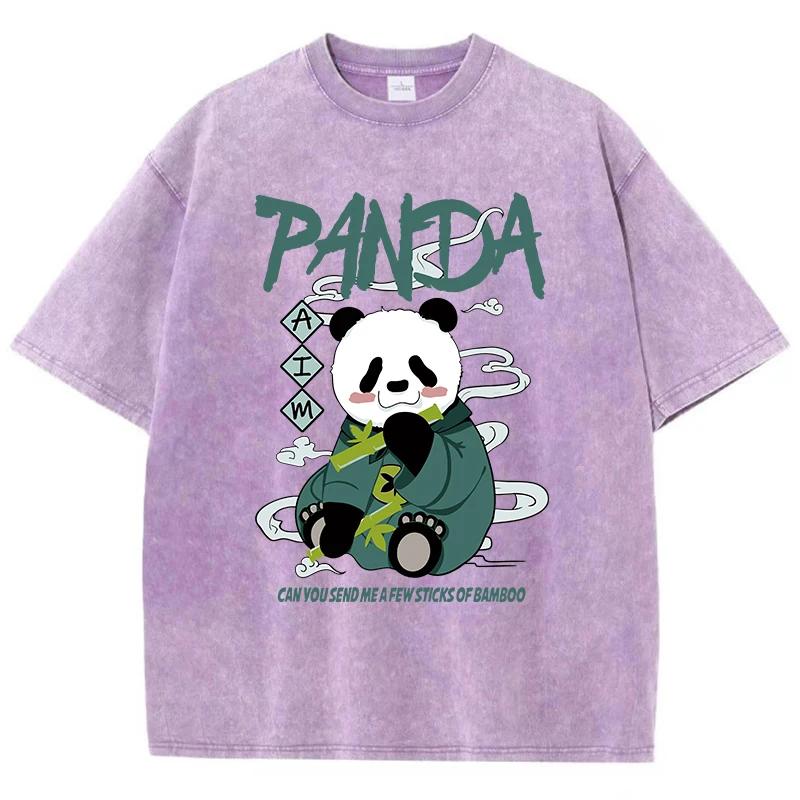 Dámská nadměrná praná trička Kawaii kreslené pandy potištěná trička Zničený kulatý výstřih Bavlněná trička Letní oblečení