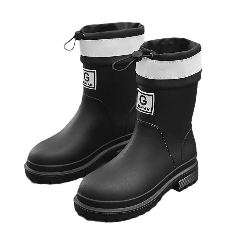 Fashion 2024 New Windproof Rain Boots Women Leather Mid-calf Rainboots Fashion Elastic Band Rain Shoe Ladies Cotton Waterproof Work Boot
