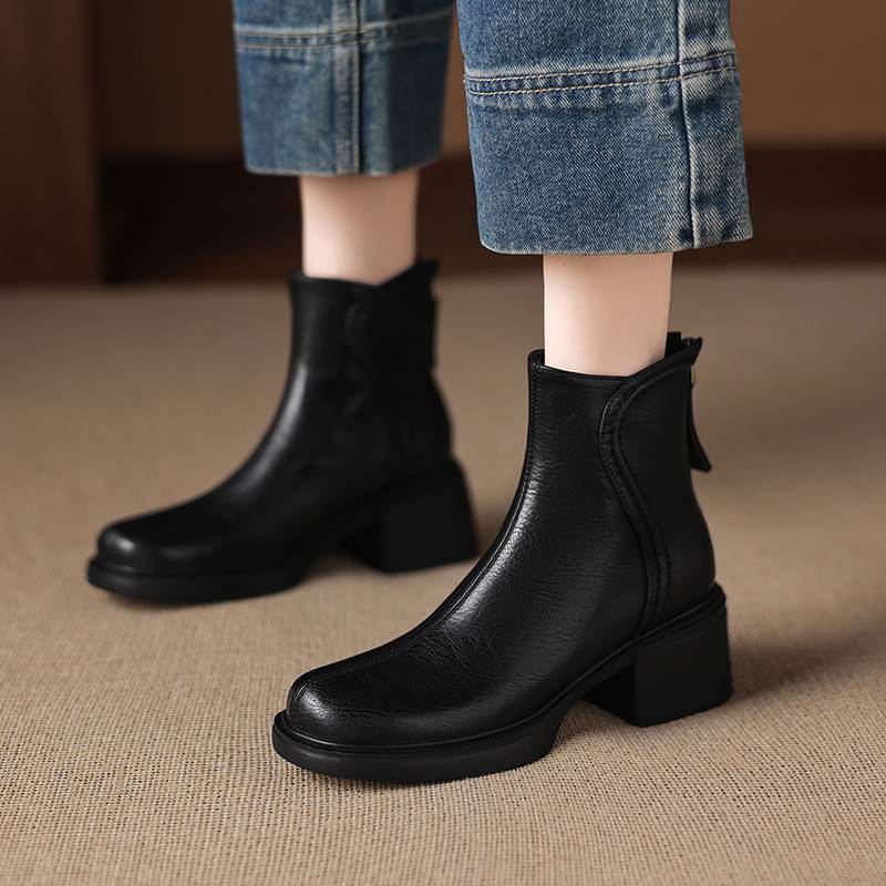 Krazing Pot Cow Skin Round Toe Thick Heels Chelsea Boots Size 42 Back Zip Women Keep Warm Ankle Boots