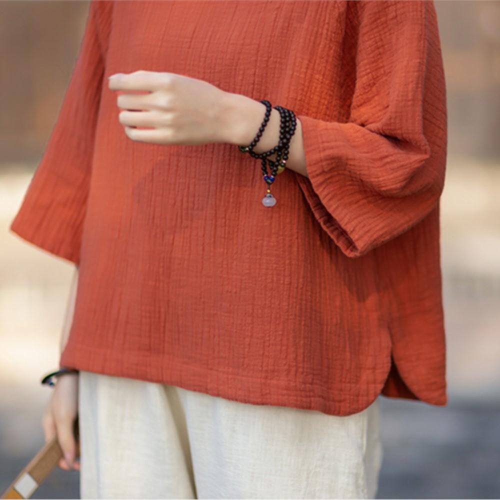 Johnature Women Vintage T-Shirts Spring Chinese Style Solid Color Soft O-Neck Seven Sleeve Female T-Shirts