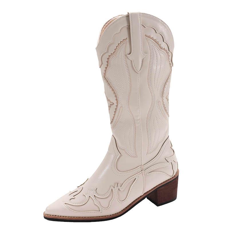 Beige retro v-mouth thick-heeled boots women's summer 2025 new thin-skinned western cowboy knight boots