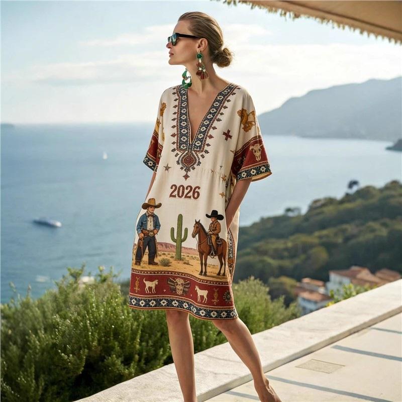 26 New European and American Bohemian large-size women's clothing casual loose 3D printed dress robe