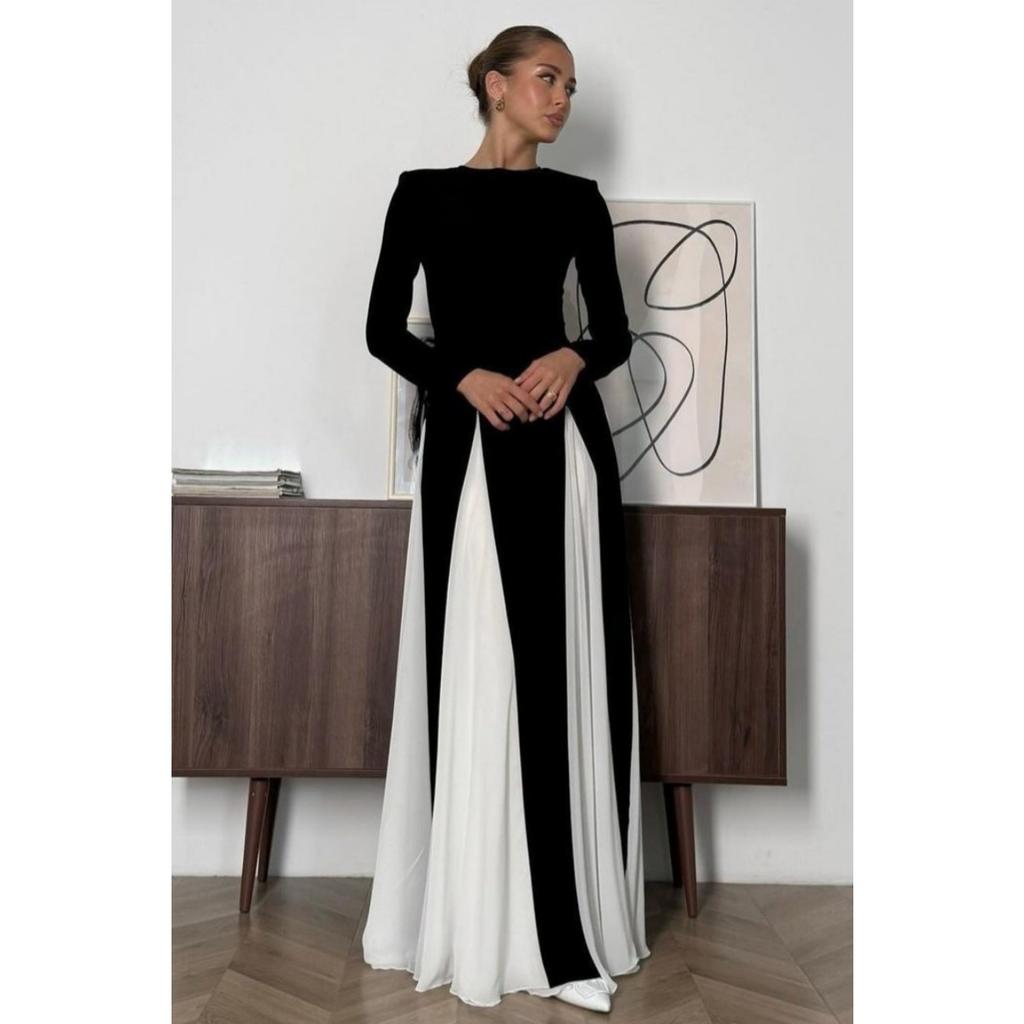 Fall Winter New European American Women's Clothing, Crew Neck Colorblock Long Sleeve High Waist Slim Elegant Vintage Evening Dress