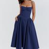 Women's Spaghetti Strap Midi Dress Solid Bustier High Waist Flared Swing Mid-Calf Sundress