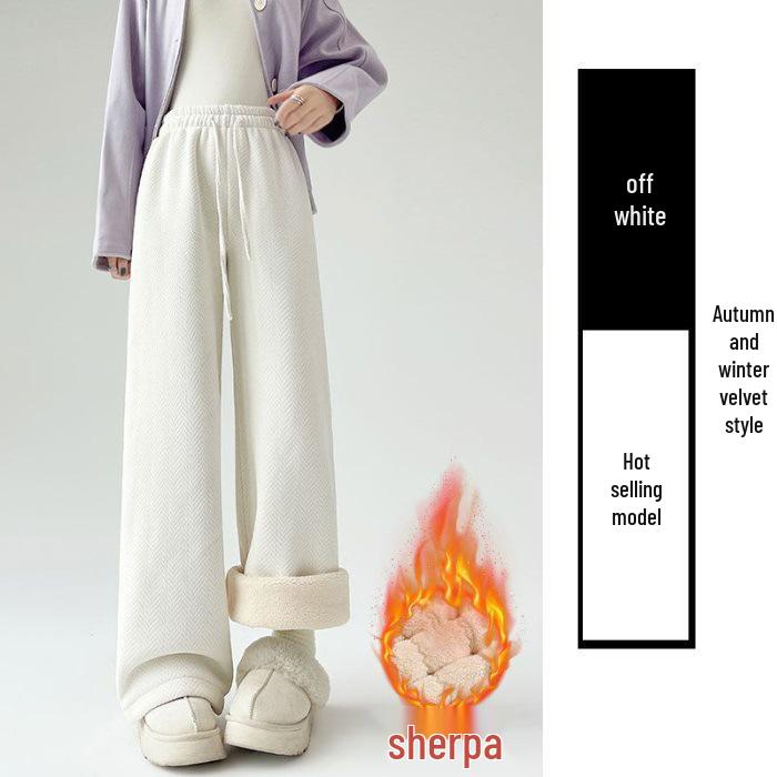 Women's Plus Size Herringbone Fleece-Lined Wide-Leg Pants, M-6XL, Autumn/Winter, High-Waisted, Thick, Casual, Straight