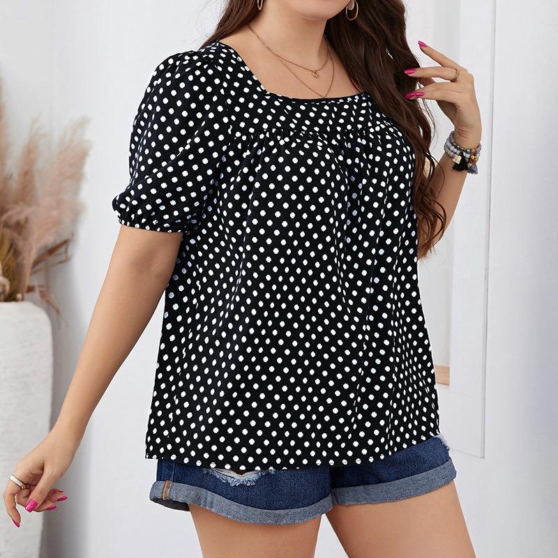 Sommer Herbst Damen Chiffon Kurz Rundhals Bluse Karomuster Temperament Pendler Polka Dot Hemd XL-4XL