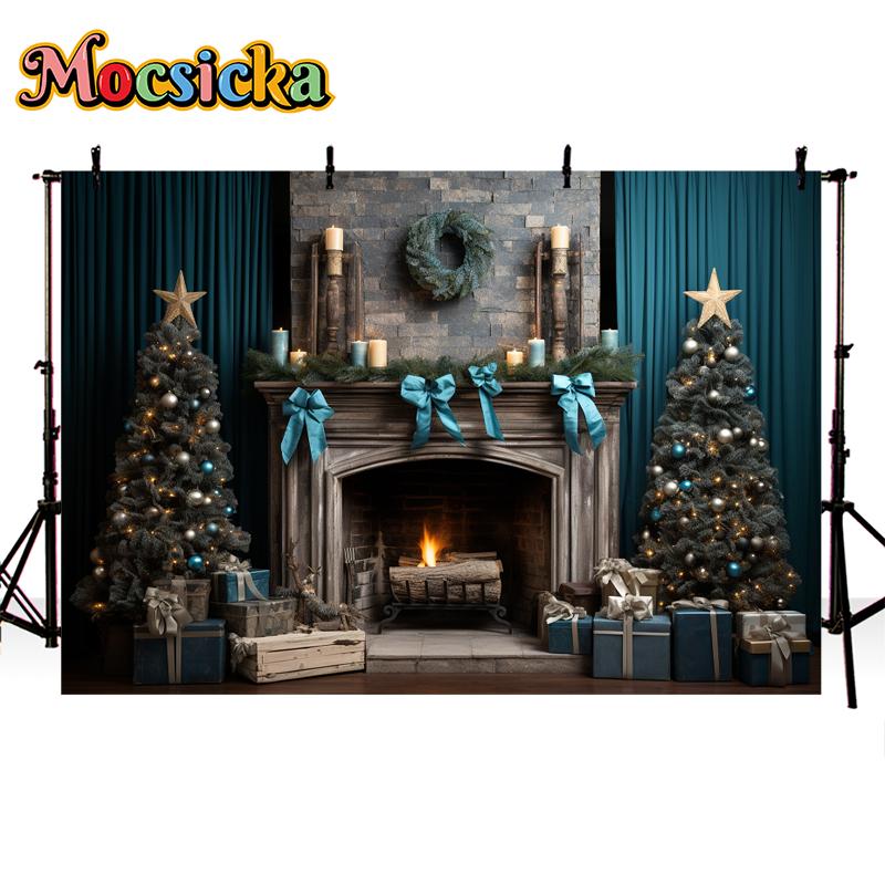 Mocsicka Christmas Photography Background Xmas Tree Fireplace Wall Decors Family Baby Children Portrait Photo Backdrop Wallpaper