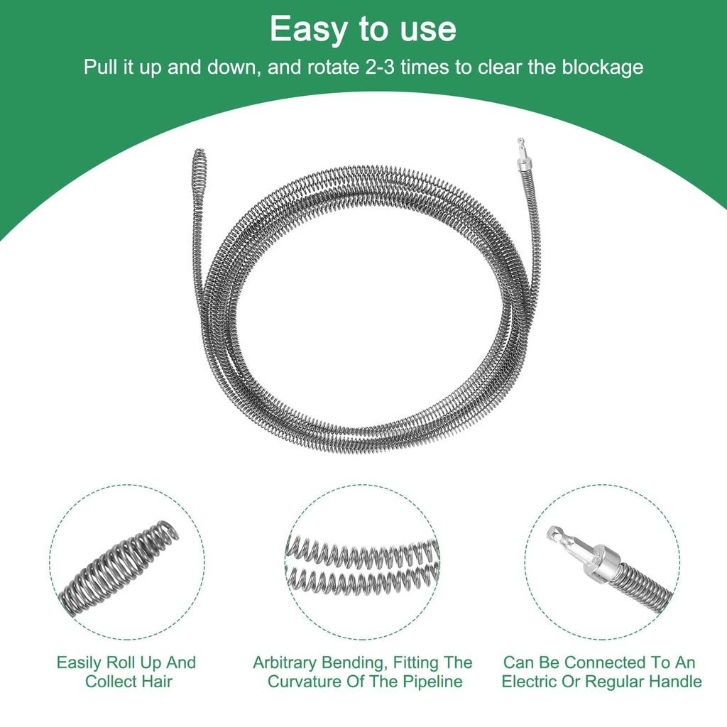 uxcell 1pcs Drain Clog Remover 8m 10mm Thick Drain Hair Remover Electric Drill Connector with Spring Cable Plumbing Snake for Kitchen Sink Bathtub