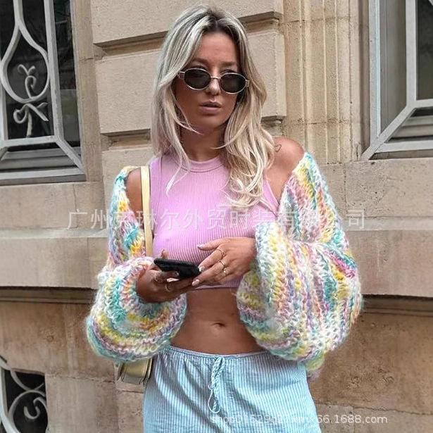 2025 European and American new V-neck long-sleeved cardigan street style loose jacket elegant rainbow knitted sweater