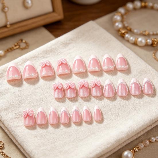 24Pcs Pink Bow Women Press on Nails, Faux Pearl Almond Stick-on Fake Nails, French Tip Glue on False Nails for Office Date Party Wedding