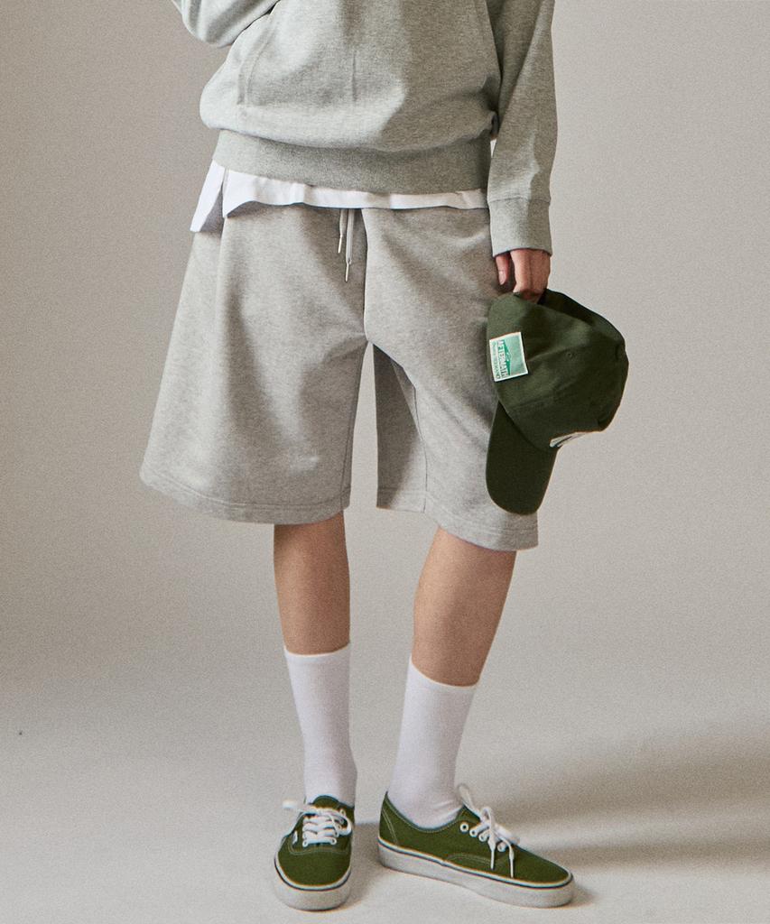 BASIC HOUSE Uni Bermuda Wide Single-Pleat Special Double-Sided Shorts Melange Grey