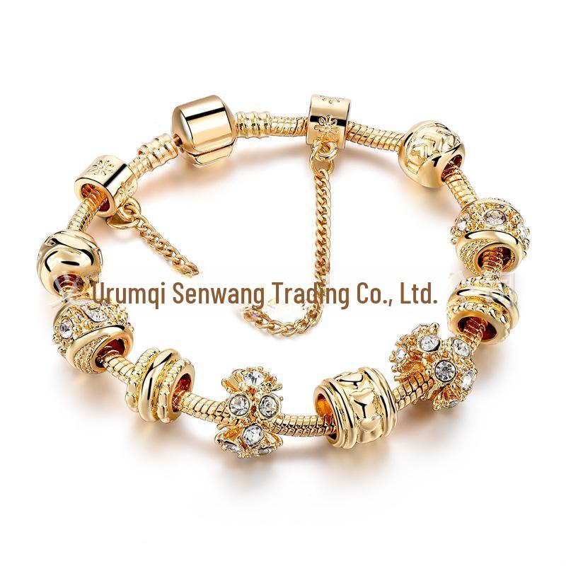 New Panjia Style Gold-Plated Beaded Bracelet with Full Diamond Love Design
