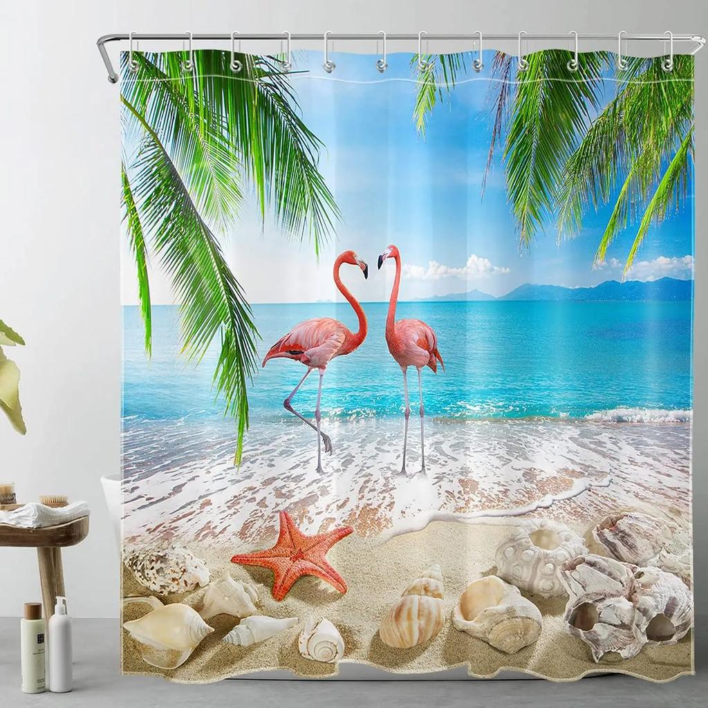 Ocean Duschdraperi, Strand Tropisk Palm Ö Havssköldpadda Katt Segling Flamingos korallskal, badrumsinredning duschdraperiset