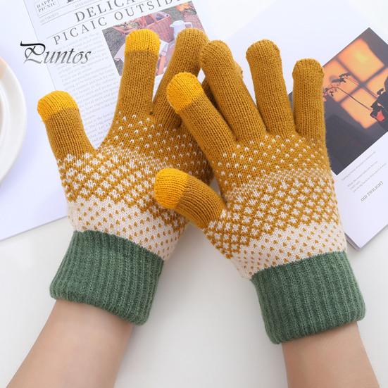 Winter Gloves 1 Pair Thickened Warm Full Fingers Touch Screen Ribbed Cuffs Women Striped Splicing Double Layer Fleece Lining Knitting for Cold Weather
