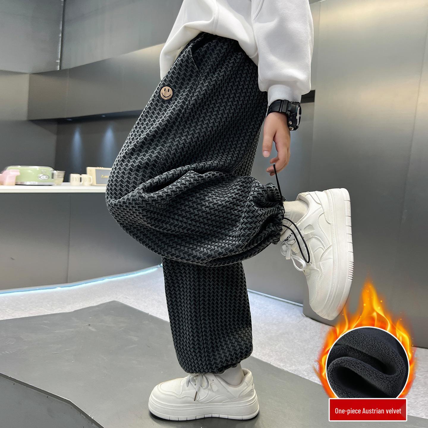 Мальчиковые вельветовые брюки-джоггеры в клетку  гусиная лапка  2025 года - Свободные зимние брюки для детей 160 cm