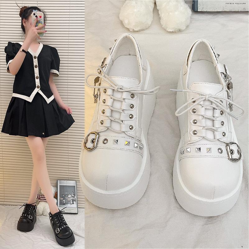 Metal Wind Platform Muffin Japanese Retro Dark Goth Punk Zipper Small Leather Shoes Girl Sweet Cool Big Head Shoes