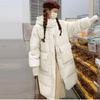 Damen Lange Leichte Daunenjacke Herbst Winter Kapuze Locker Gerade Weiß Entendaunenmantel Stehkragen Große Tasche Einfarbig