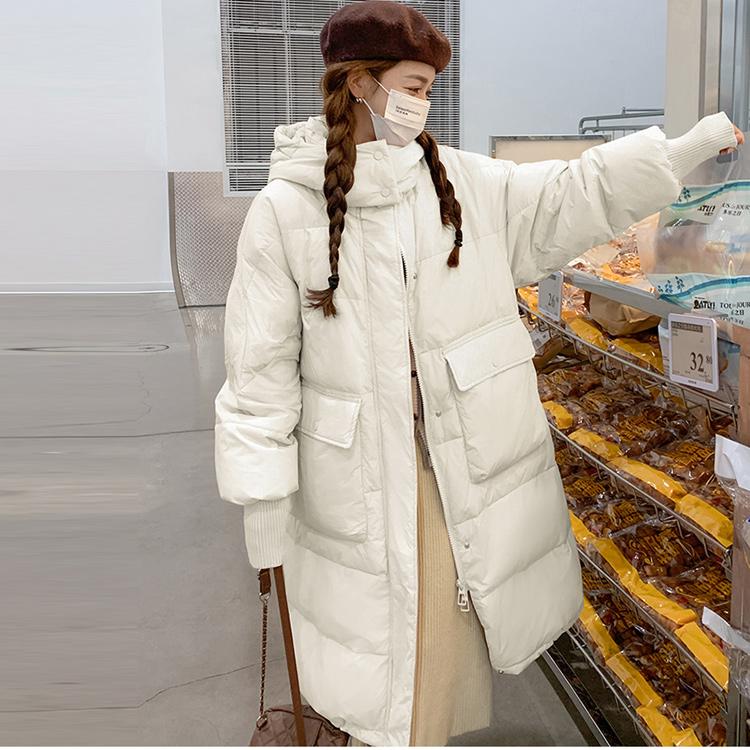 Damen Lange Leichte Daunenjacke Herbst Winter Kapuze Locker Gerade Weiß Entendaunenmantel Stehkragen Große Tasche Einfarbig