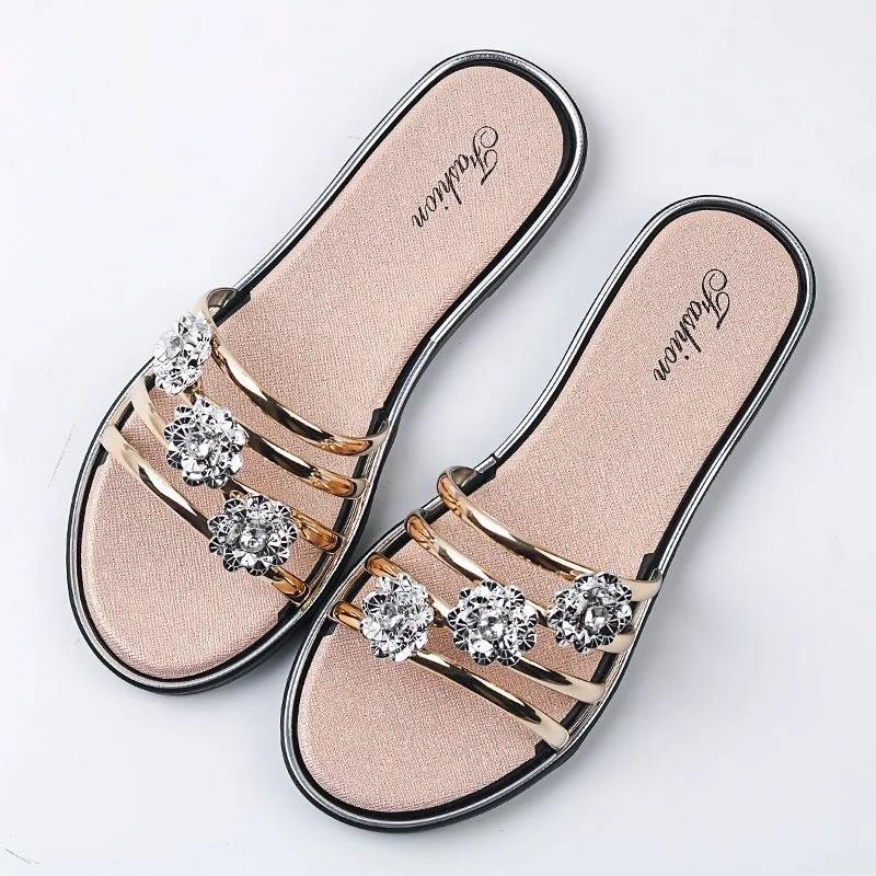 Fashion Women's Silver Biscuit Beach Sandals Flip Flops Floral Hollow Crystal Clip Parker Gold Strap Sandals
