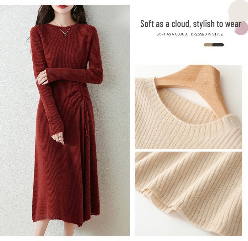 Women's Cashmere Knit A-Line Dress - Mid-Length, Round Neck, Over-the-Knee, 100% Pure, Casual and Versatile