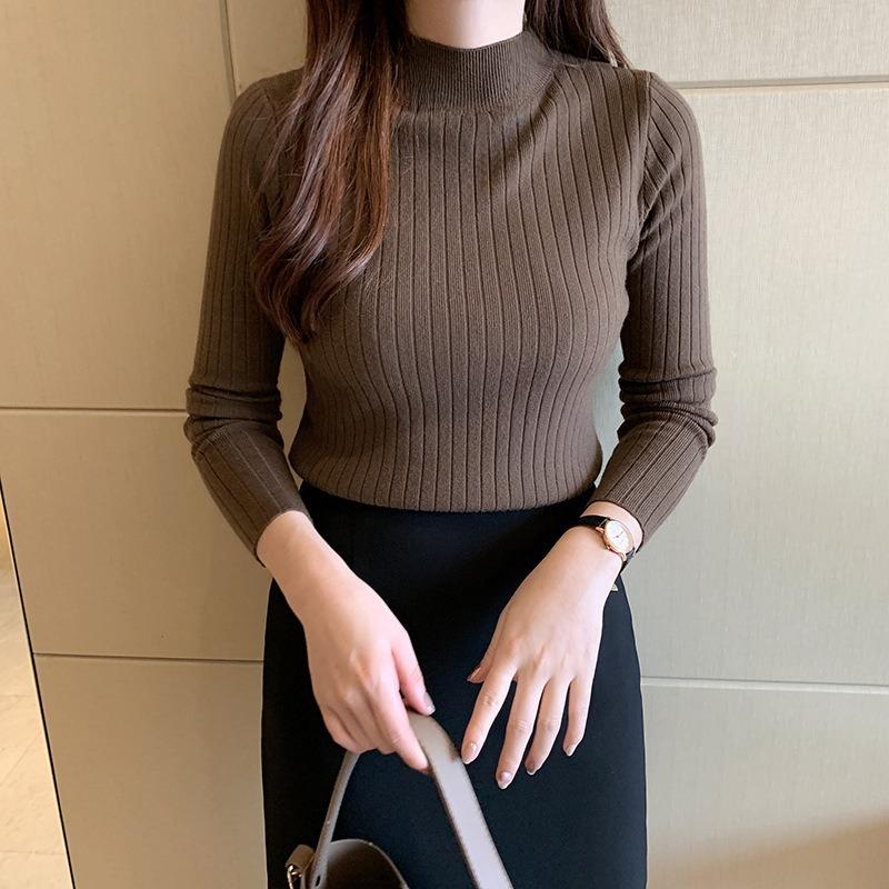 Women Autumn Winter Half High Collar Ribbed Knitted Sweater Solid Color Long Sleeve Slim-fit Pullovers