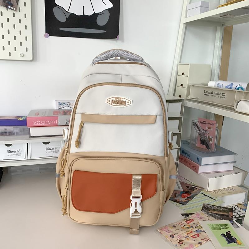 Women Large Capacity Schoolbag Campus Color Block Backpack Multi-Compartment Student Travel Backpack