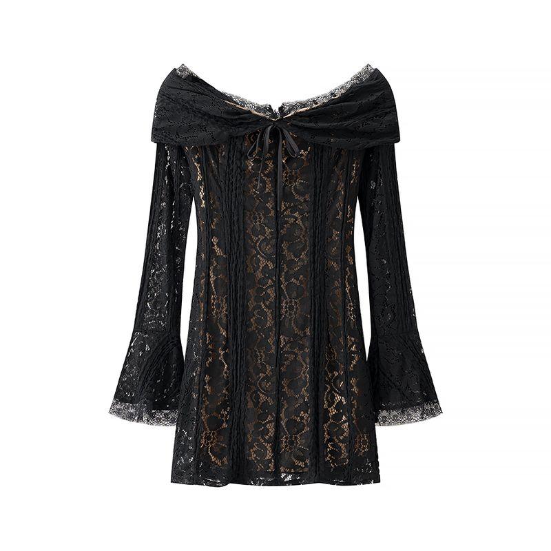 

Kaslead New Arrival Women s Clothing Fashion Style Fashion Minimalist Lace Short Long Sleeves Dress Black L