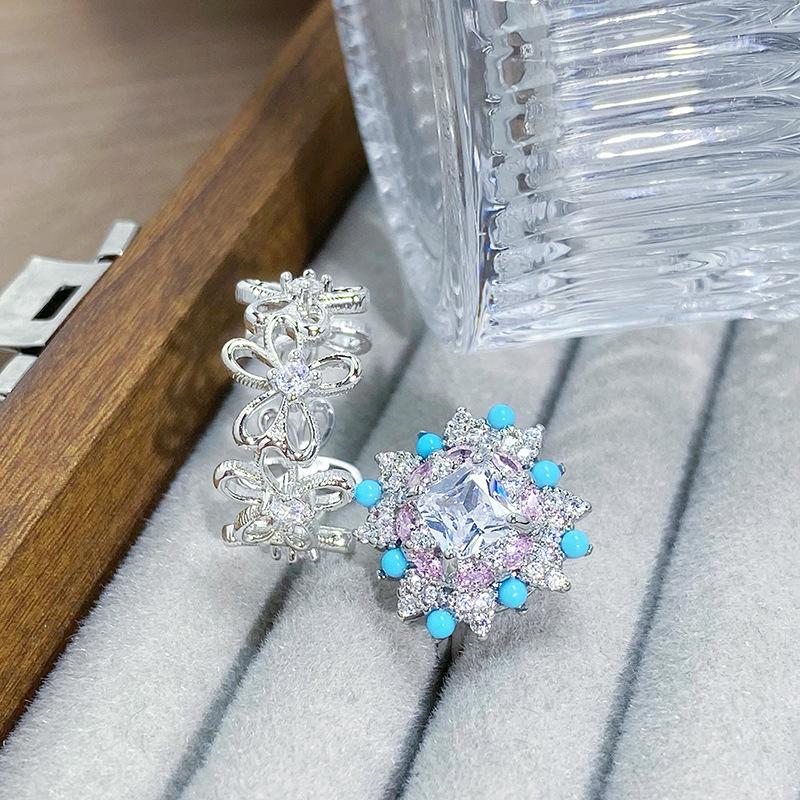 Flowers | Full Of Diamonds, Pink Zircon Imitation Blue Pine Open Ring, Small Daisy High-End Feeling Stacked Ring
