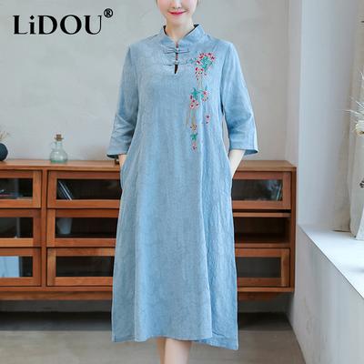 Moda de Verano Estilo Chino Cuello Mao Bata Bordada Señoras Vintage Manga Media Temperamento Vestidos Vestido Femme