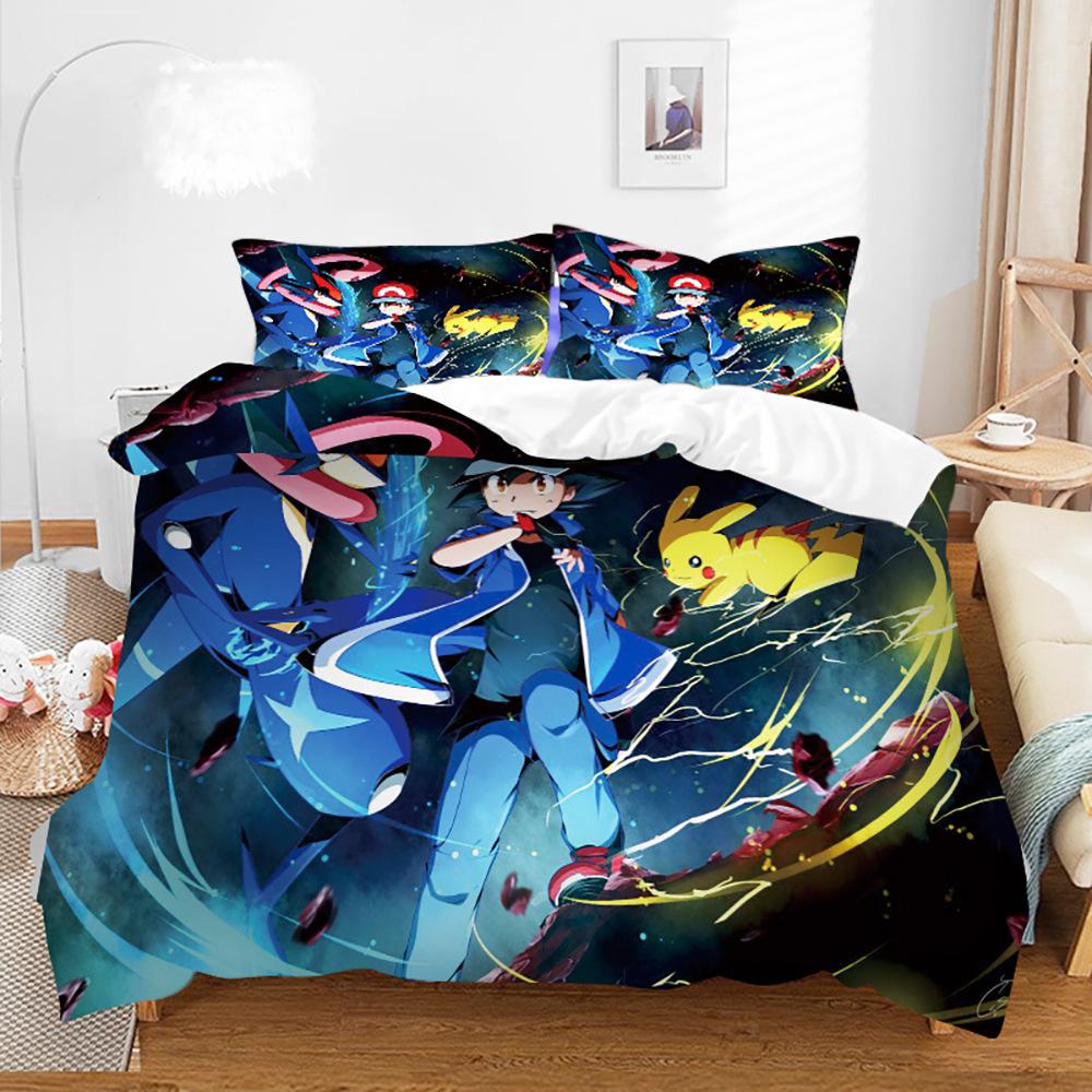 3D Digital Printing Quilt Cover Pillowcase Bedding Cartoon Pikachu Three-Piece Set Home Textile Four-Piece Set Grinding