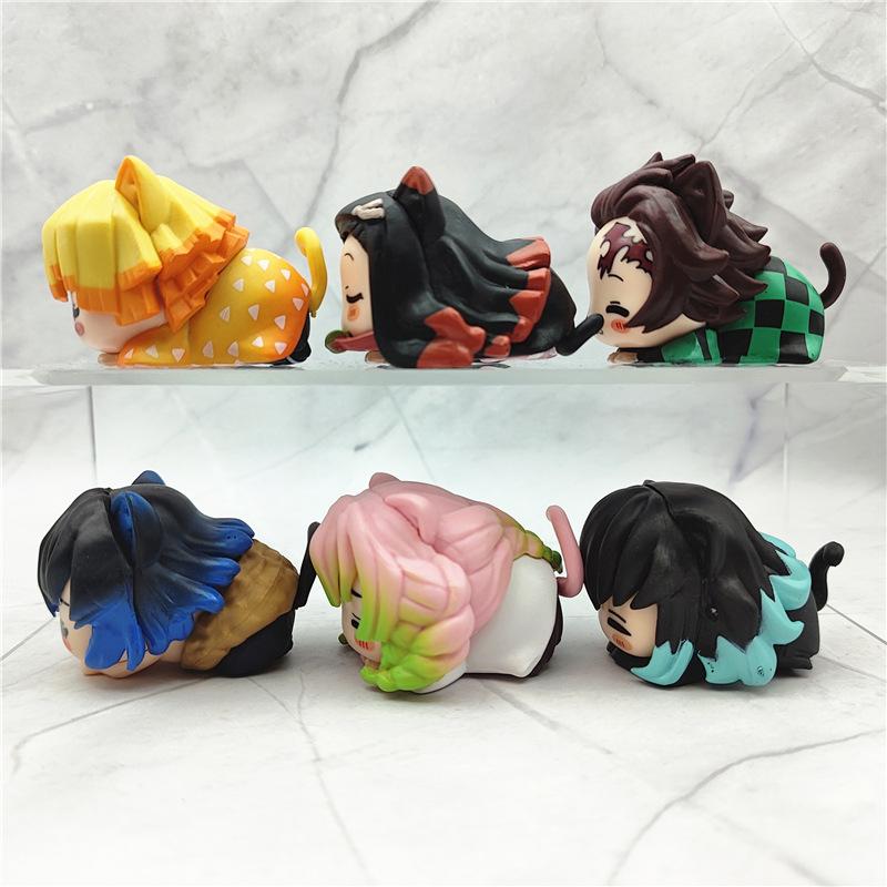 Demon Slayer Cat Sleep Shapes Kamado Tanjirou Kanroji Mitsuri Figurine Toys Tokitou Muichirou Anime Dolls Model Ornaments Gift