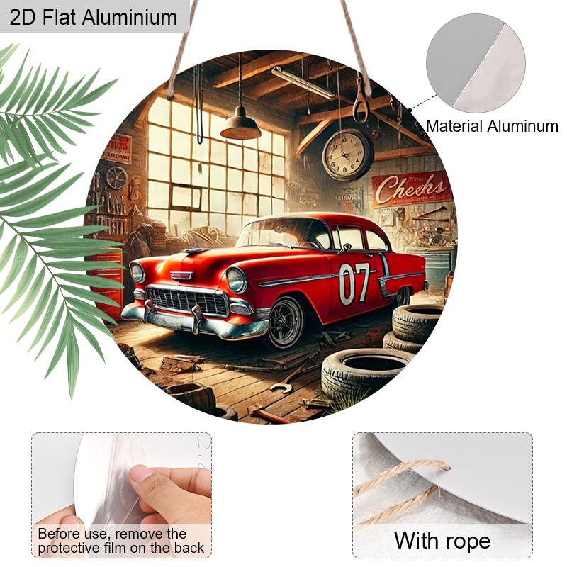 2D Flat Aluminum Vintage Car Garage Round Metal Sign, Classic Red Car with "07" Number Sign for Front Door, Pre-Drilled Holes for Easy Hanging