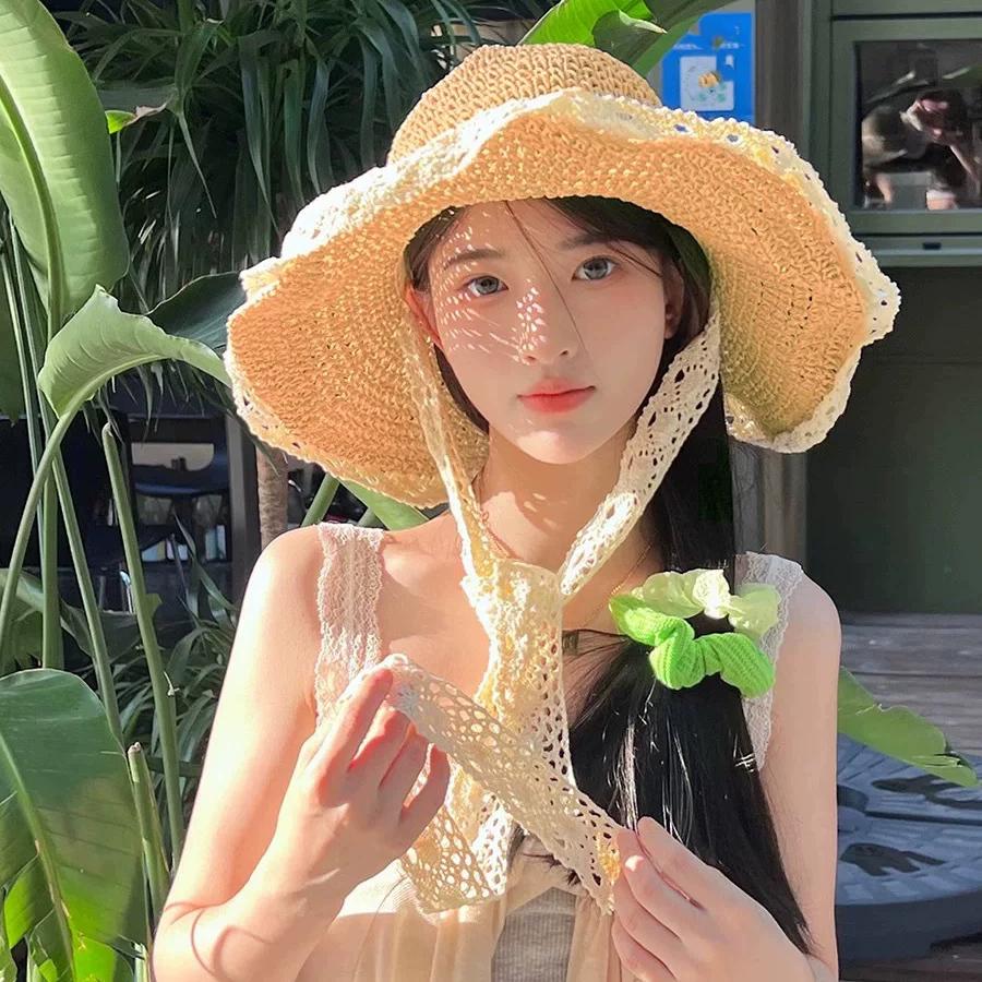 WTEMPO Lace Patchwork Beach Straw Hats Women's Summer Rolled Edge Seaside Hollow-out Raffi Casual Versatile Large Brim Hats