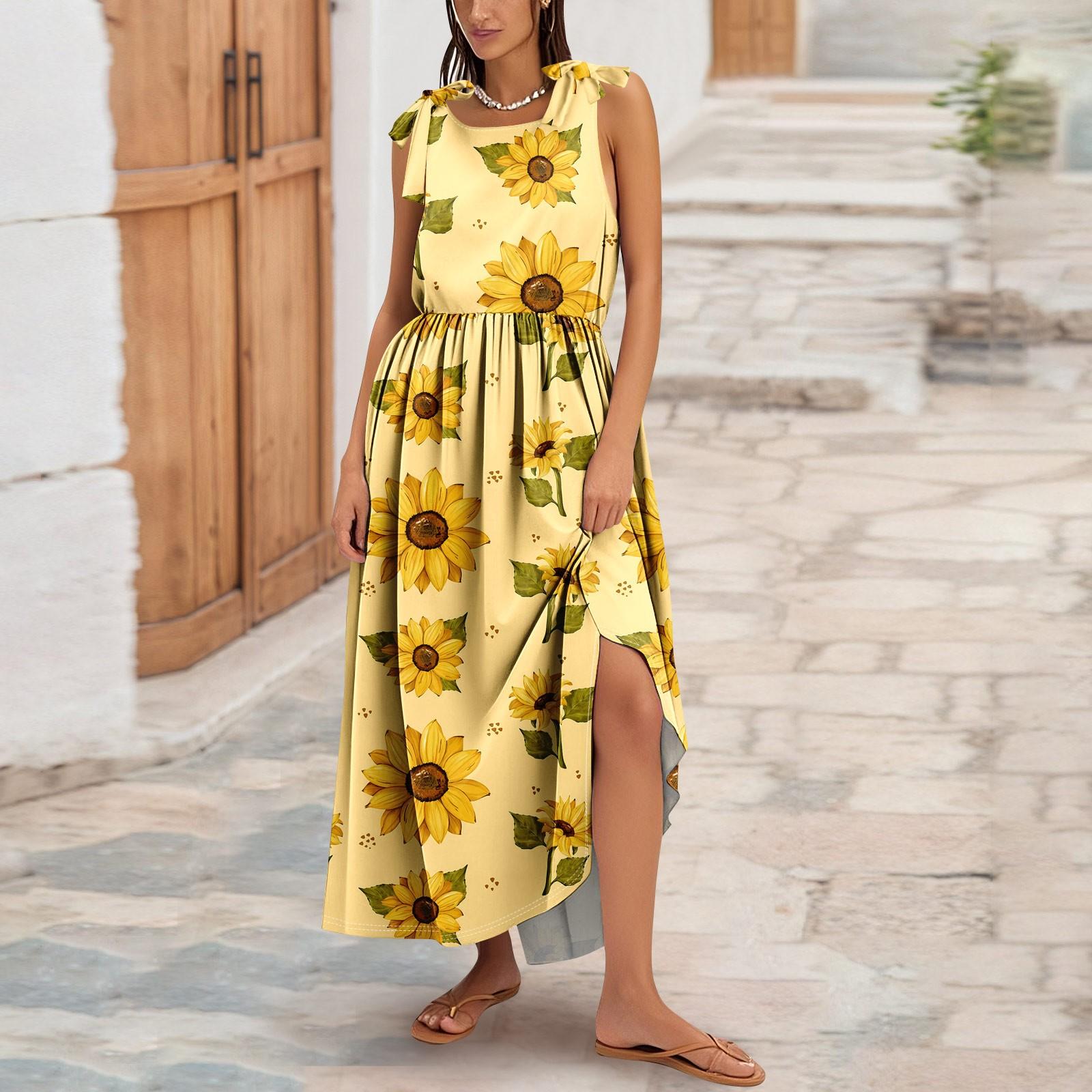 

Женское летнее модное платье-майка А-силуэта без рукавов повседневное платье с цветочным принтом/однотонными карманами XL жёлтый