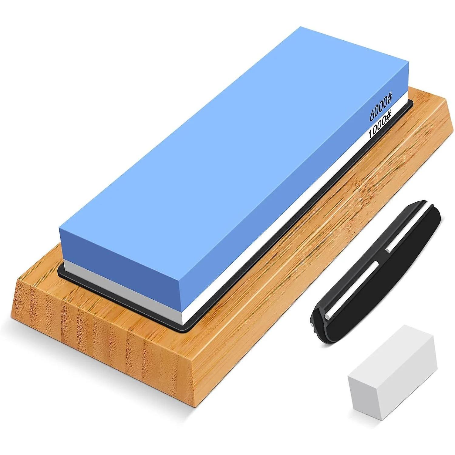 Sharpening Stone Whetstone Set 2 Side Grit 1000/6000, Professional Whetstone Knife Sharpener, Knife Sharpening Stone Kit with Bamboo Base синий