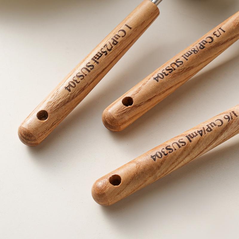 Wooden Handle Stainless Steel Measuring Cups Spoons Baking Tools Coffee Measuring Spoon Set Bartending Scale Accessories