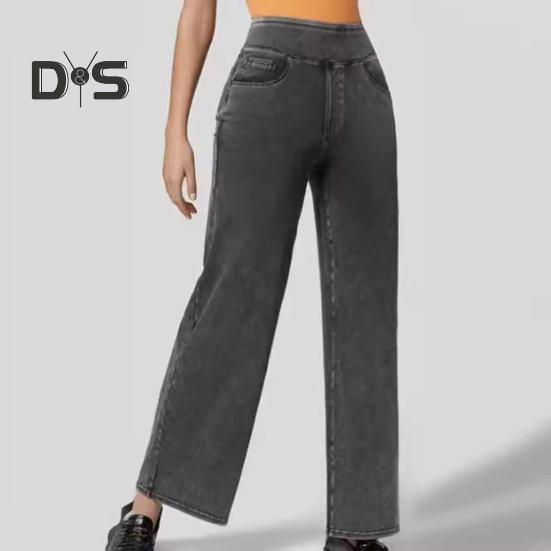Damen Jeans, elastische hohe Taille, schmale Passform, leicht ausgestellt, weites Bein, lange Jeanshose mit Taschen, einfarbige Jeans
