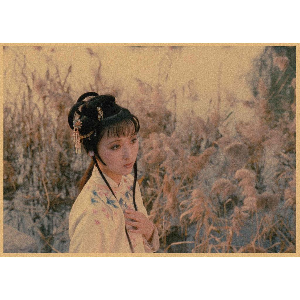 Retro Poster of 'Dream of the Red Chamber' Featuring Lin Daiyu, Jia Baoyu, Chen Xiaoxu - Kraft Paper Decorative Wall Mural