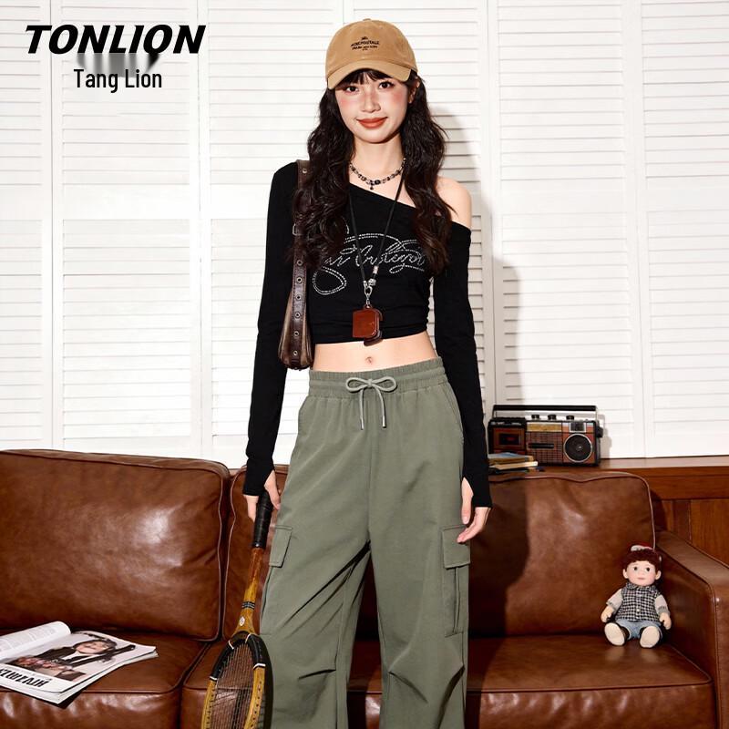 TonLion Women s Cool Straight-Leg Drawstring Cargo Pants L