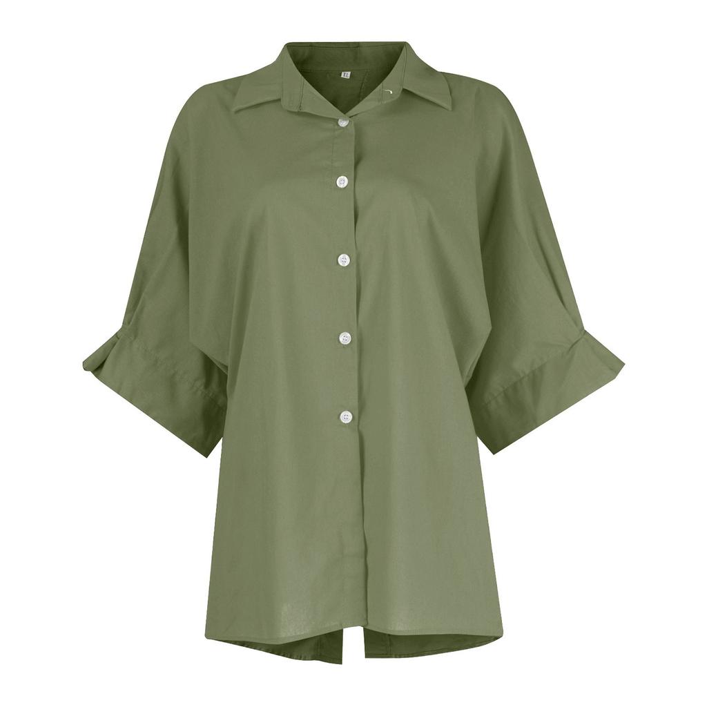 Damenmode Farbe 3/4 Ärmel Lässig Revers Spitze Rückseite Hemd Top
