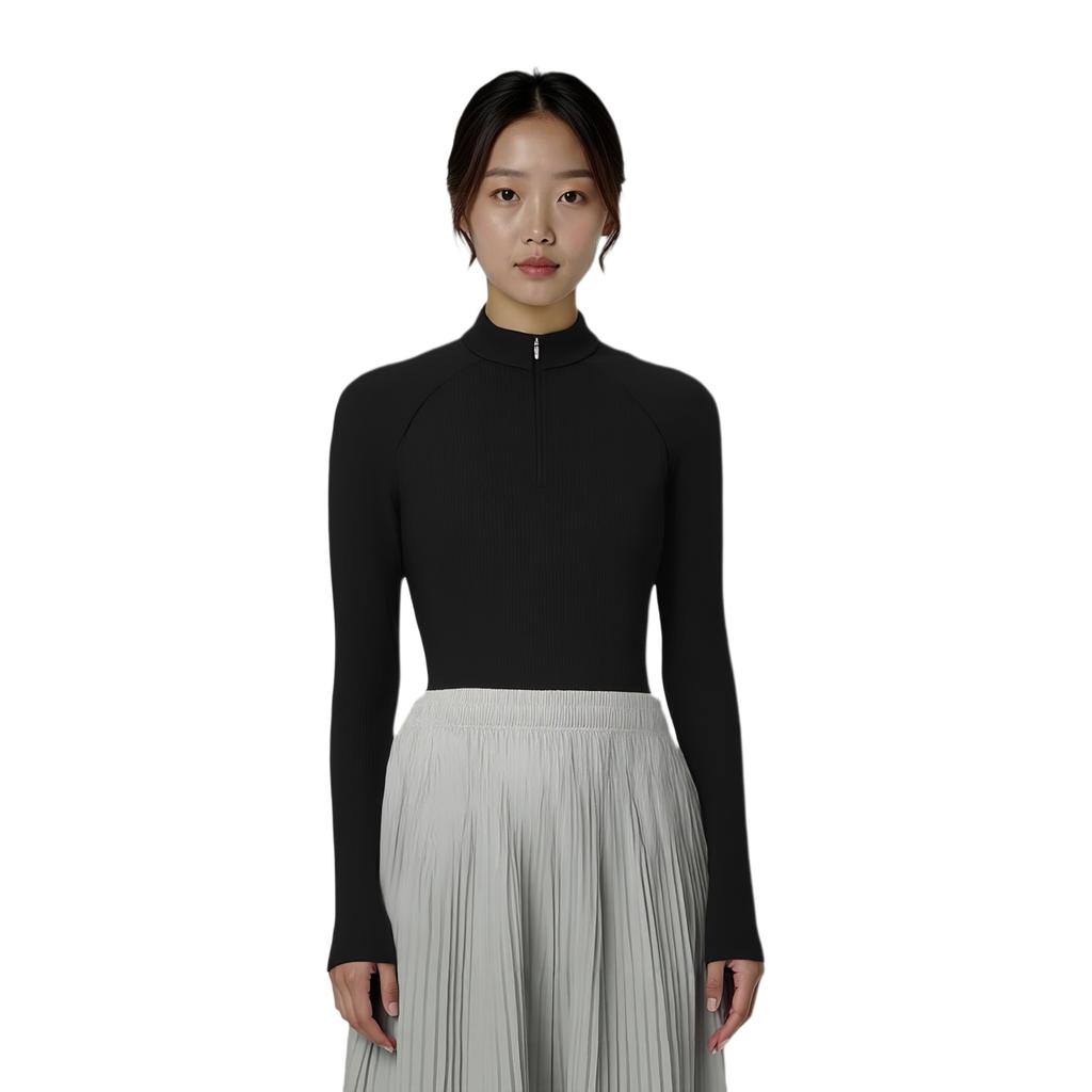 Anta Solid Color Stand Collar Raglan Long Sleeve Knit Sweater Women tops Black 162617403-3