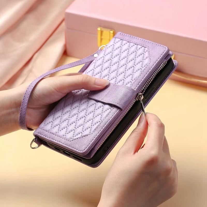 Rhombic Leather Case for Samsung Galaxy S26 S25 Edge S24 Ultra S23 Plus FE A17 A16 A26 A36 A56 Flip Wrist Wallet Phone Cover