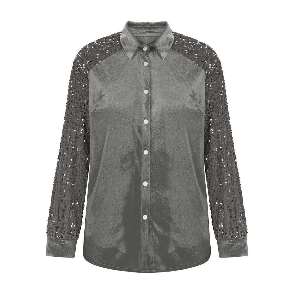 Haut Européen en Velours pour Femme avec Patchwork Manches à Sequins, Collection 2025