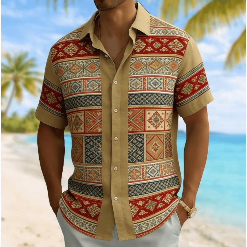 Men's Vintage Ethnic Patchwork Print Short Sleeve Shirt, Spring Summer Casual Vacation Turn-Down Collar Blouse, Loose Fit Top