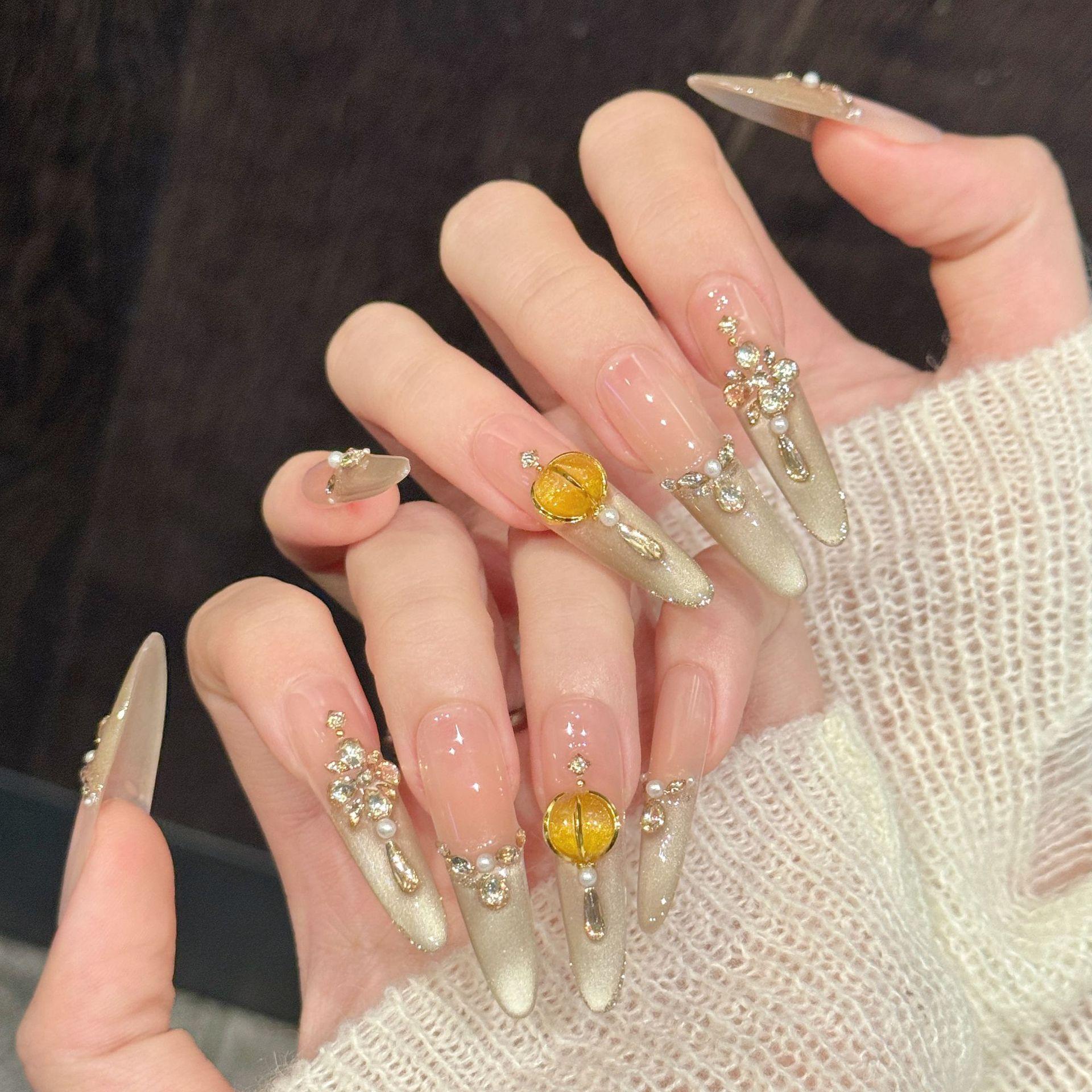 Amber Orange and Gold Gradient Wearable Armor-style Nail Pieces Luxurious and High-end Feeling Handmade Press on Nail