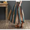 Qooth Women A Line Cotton Pleated Skirt Linen Stripes Wide Hem Mid Length Elastic Waist Skirt QT2651