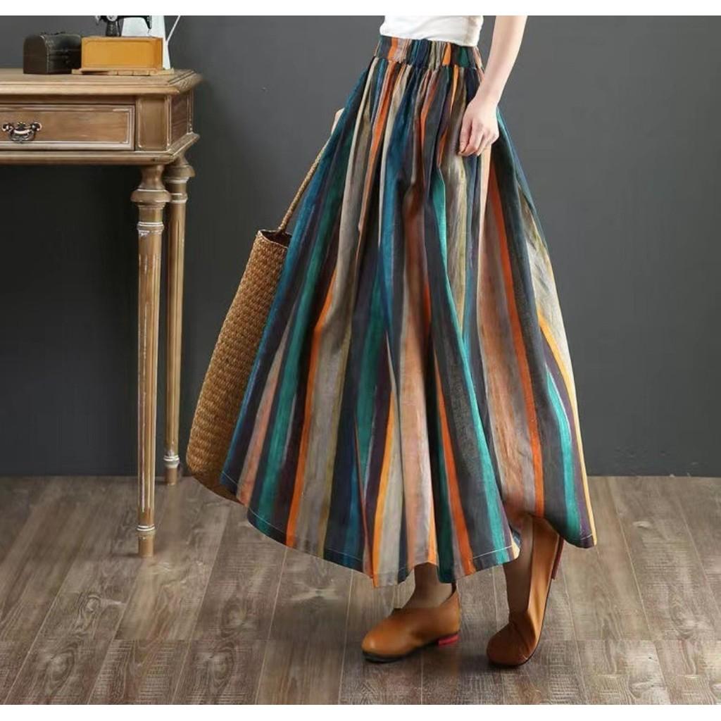 Qooth Women A Line Cotton Pleated Skirt Linen Stripes Wide Hem Mid Length Elastic Waist Skirt QT2651