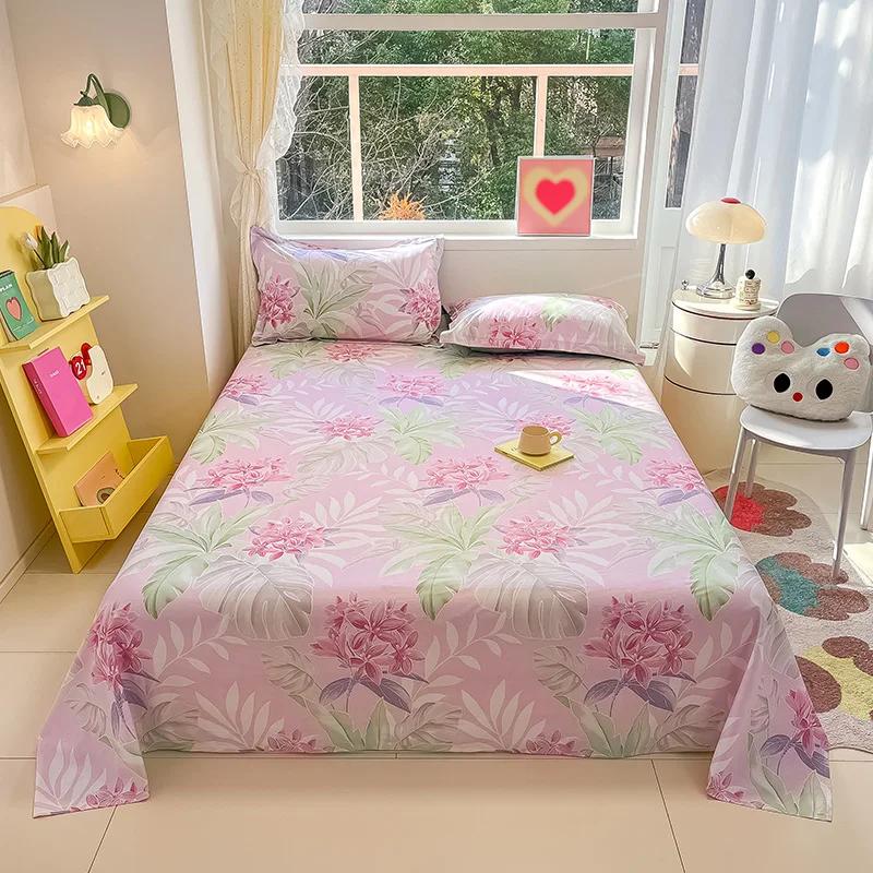 Botanical Floral Flat Sheet Twin Queen Garden Flower Bed Sheet Set Soft Cotton Pastoral Wildflowers Bed Cover with 2 Pillowcases