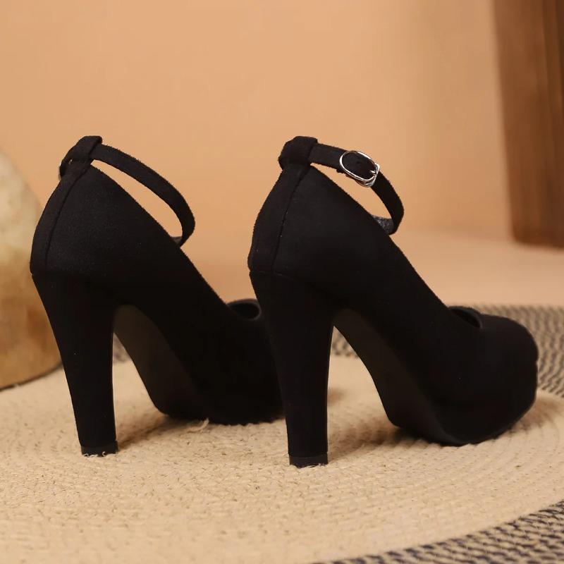 Soleist Große Größe 42 Sexy Super Hohe Absätze Schuhe für Damen Knöchelriemen Klobige Plateau Pumps Frau Schwarz Beflockt Quadratischer Absatz Party Schuhe